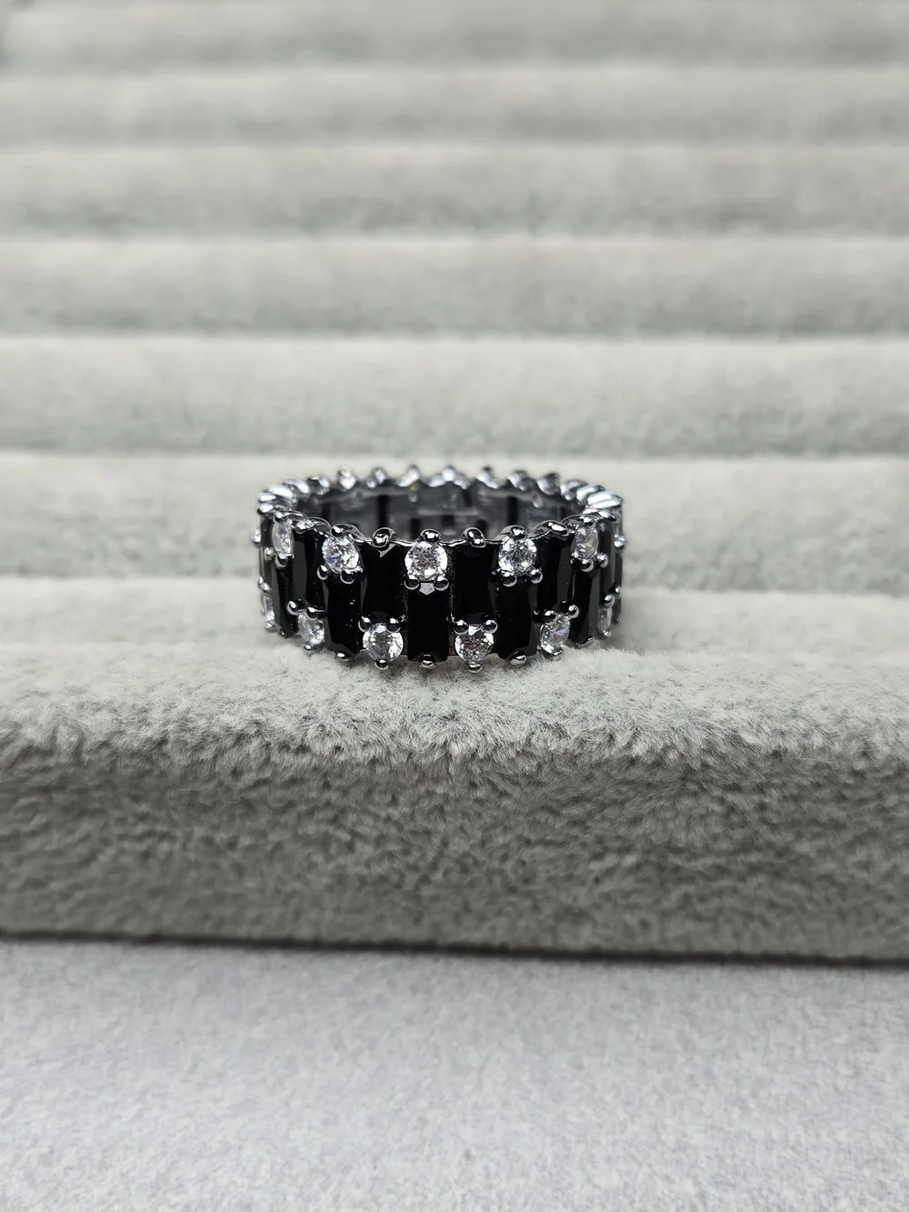 Size 10 Black Onyx and Cubic Zirconia Hematite Plated Bomb Party Ring